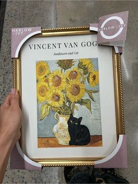 NWT Harlow Gold Frame Sunflowers and Black Cat Wall Art